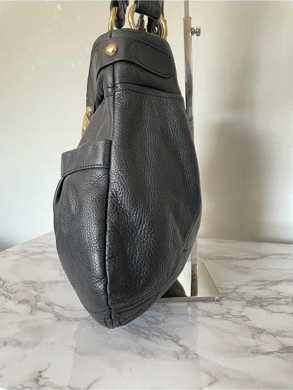 B. Makowsky Black Glove Leather Slouchy Hobo Shoulder Bag Gold Y2K Vintage - Picture 5 of 16